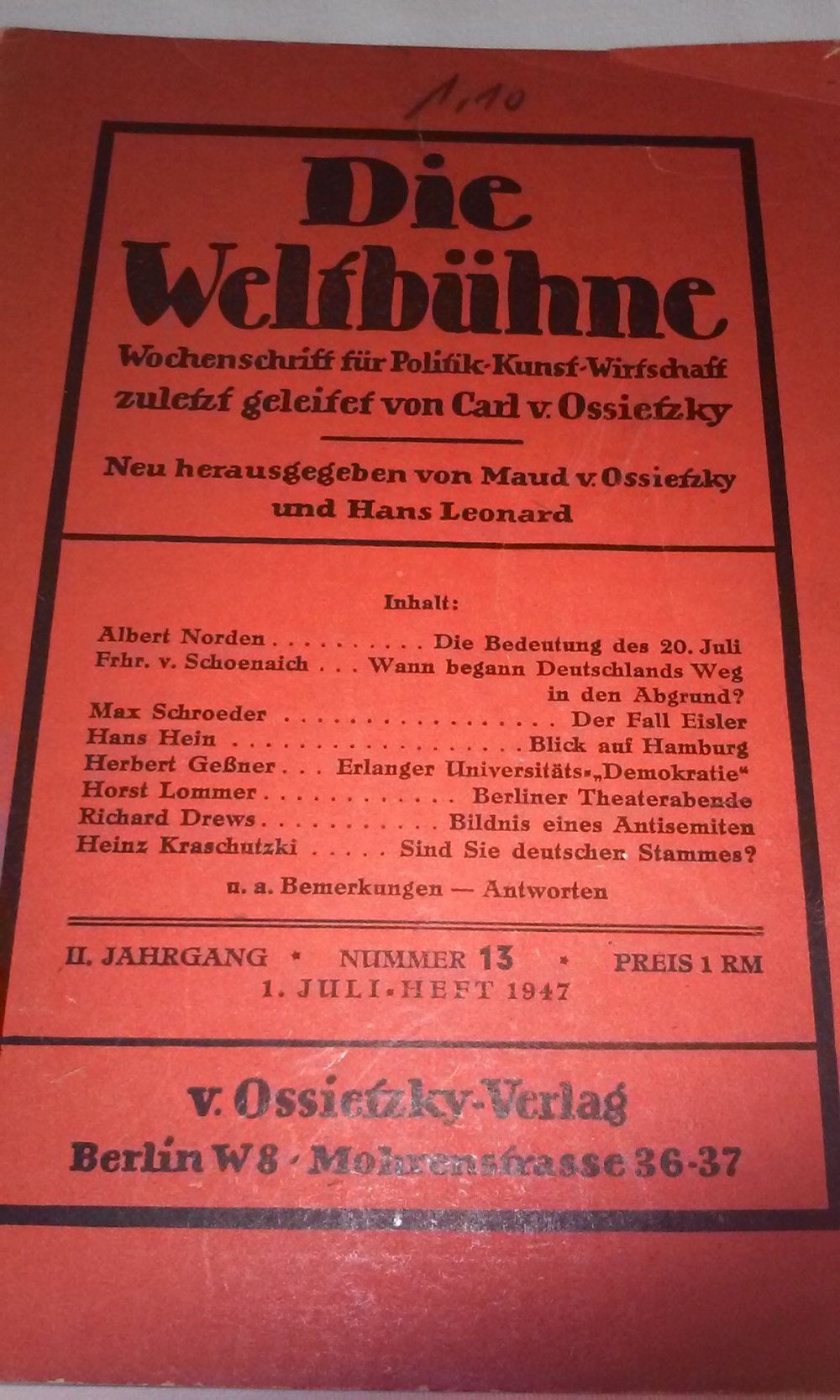 3 Ausgaben Die Weltbühne Zeitschrift für Politik, Kunst, Wissenschaft, zuletzt geleitet von Carl von Ossietztk antik 1946/1947 Sammlerstück