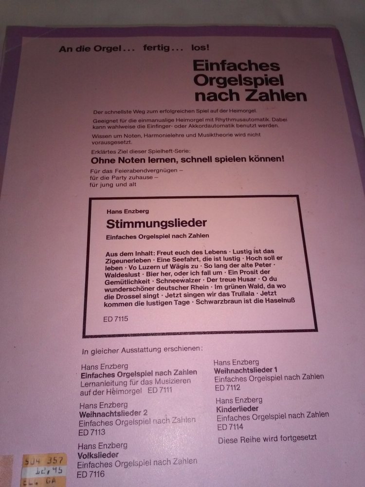 Hans Enzberg: Stimmungslieder-Einfaches Orgelspiel nach Zahlen/Elektronische Orgel