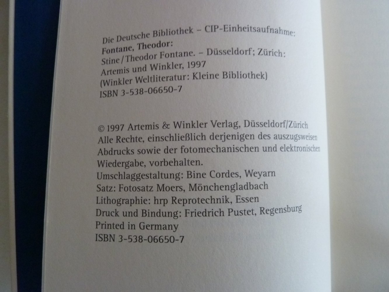 Theodor Fontane Stine gebunden Artemis & Winkler Verlag 1997