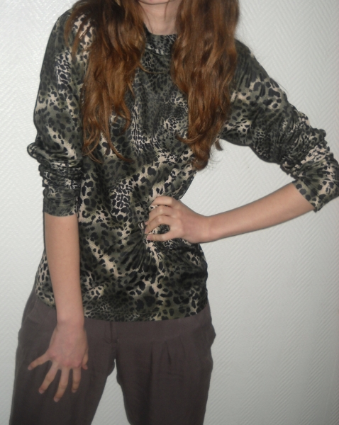 Sexy Leopard Pullover Pulli Leo Rolli Shirt Top creme grün XS S M 36 38 Oversized Vintage Tiger