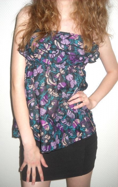 H&M Bandeau Top Tunika Bluse mit Schmetterlingen und Volant Neu 36 38 40 S M L