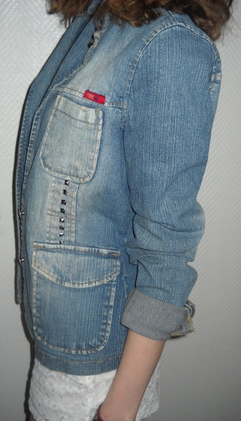 Nieten Jeans Blazer Jacke Only blau Revers Waschung used look silber 34 36 38 XS S M Boho