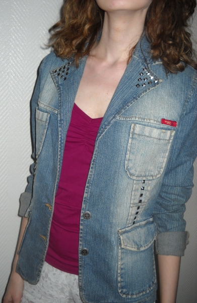 Nieten Jeans Blazer Jacke Only blau Revers Waschung used look silber 34 36 38 XS S M Boho