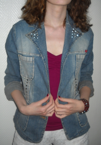 Nieten Jeans Blazer Jacke Only blau Revers Waschung used look silber 34 36 38 XS S M Boho