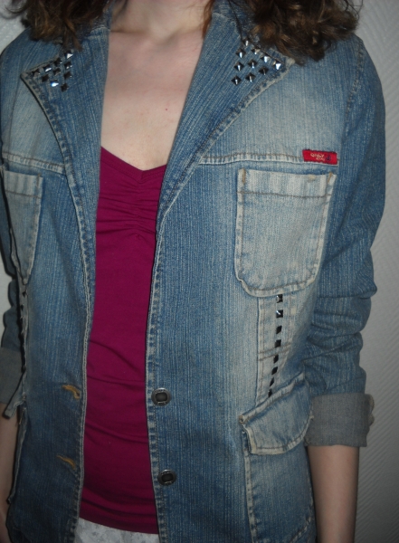 Nieten Jeans Blazer Jacke Only blau Revers Waschung used look silber 34 36 38 XS S M Boho