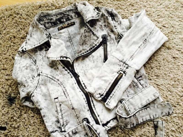 Zara TRF Biker Jeans Jacke Acid Wash Grau Weiß L