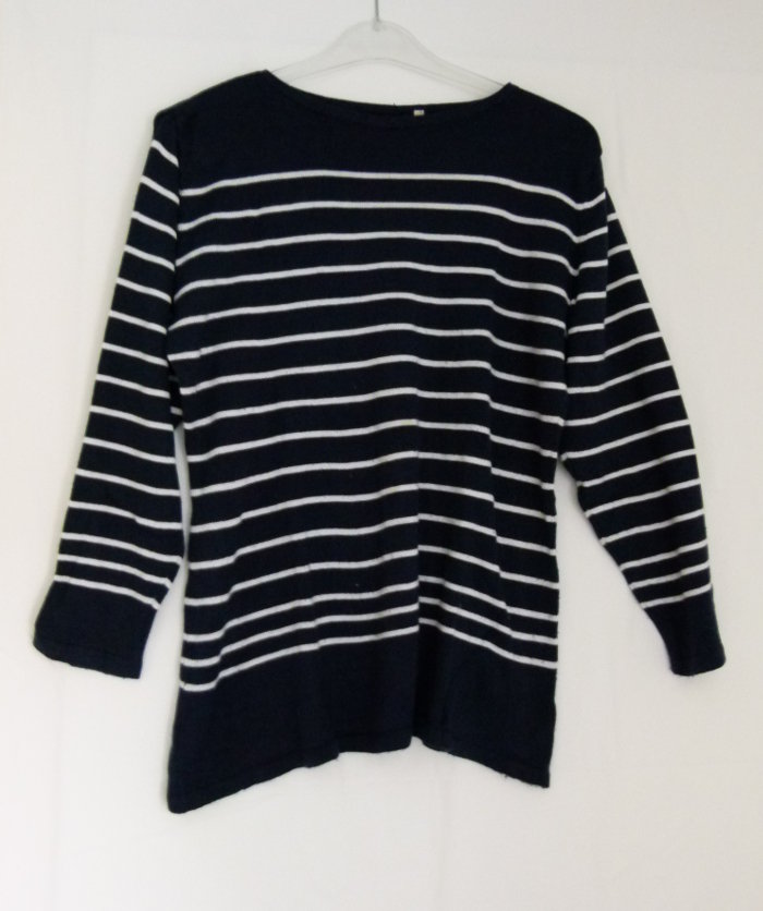 Feinstrick Pulli Pullover, dunkelblau weiß gestreift, maritim, Boho Mori Herbst Winter