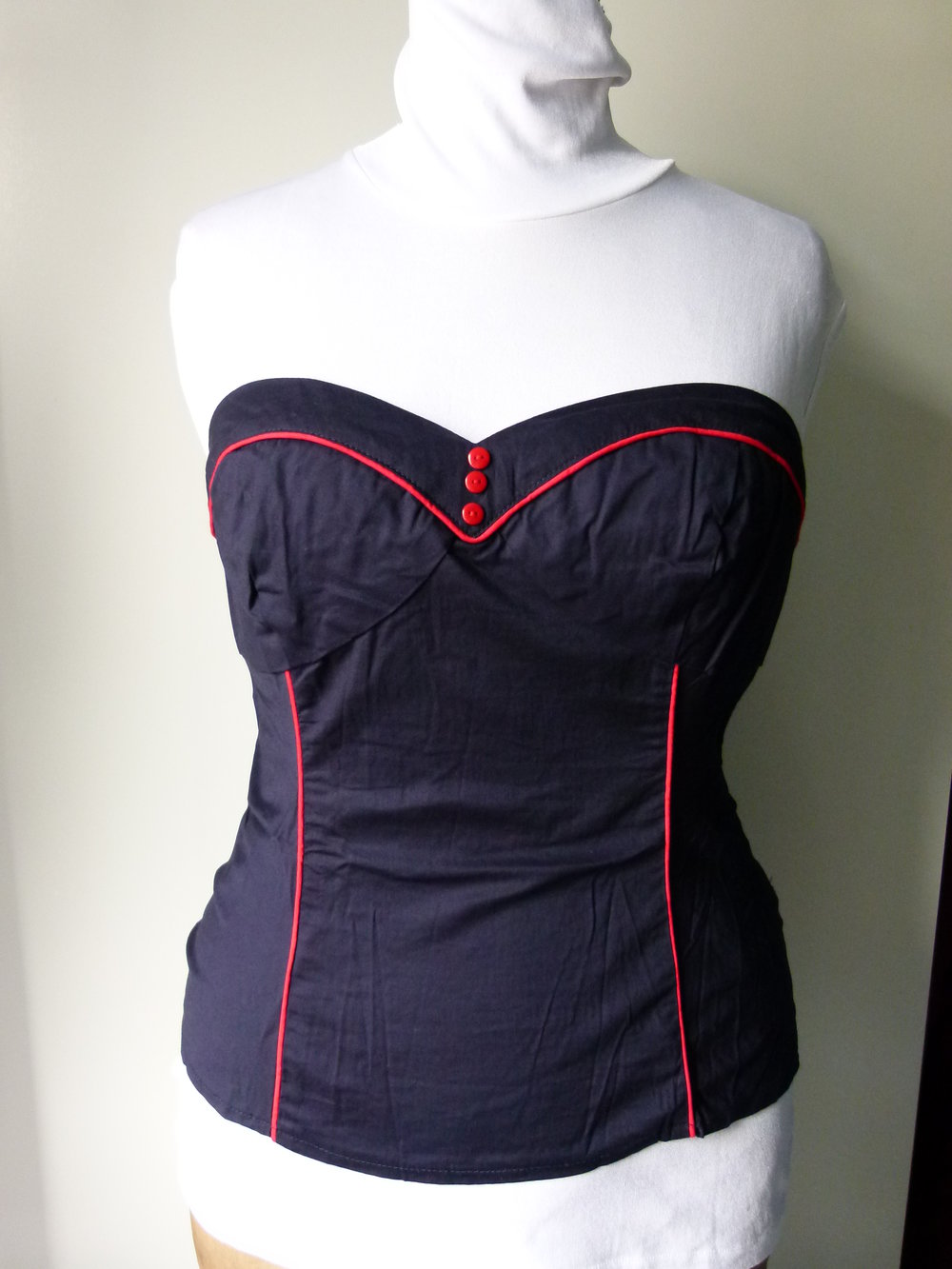 Schulterfreies Mieder Top im Retro-Stil, dunkelblau rot, Rockabilly Gothic 60s Vintage Sixties Festival