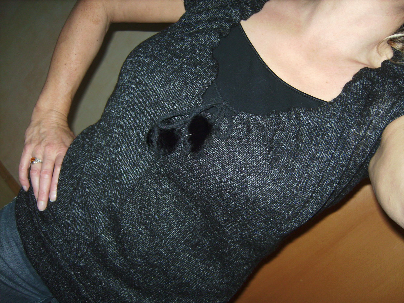 Baumwolle, Strick mit Kordelzug, L, Off Shoulder, Kurzarm, Oberteil wandelbar Naturfaser Feinstrick Anthrazit, Pullunder Tunnelzug verstellbar