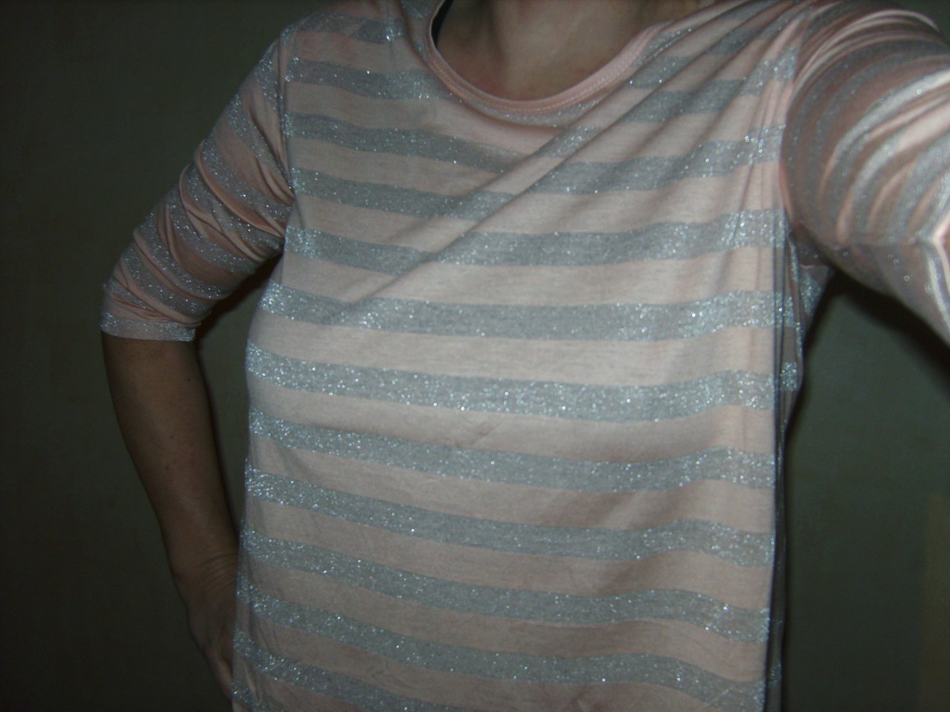 Glamour, Shirt mit Glitzerfäden Halbarm, Oversized, Blockstreifen Silber-Mandarin, Glam.Casual Look, Edel
