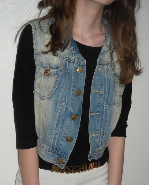 H&M Jeans Weste Nieten Studs Ombre Farbverlauf Acid moon washed Denim Jacke ärmellos XS S M 34 36 38 Used Oversized Blogger
