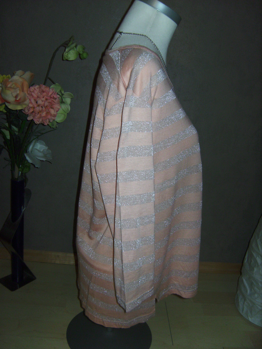 Glamour, Shirt mit Glitzerfäden Halbarm, Oversized, Blockstreifen Silber-Mandarin, Glam.Casual Look, Edel