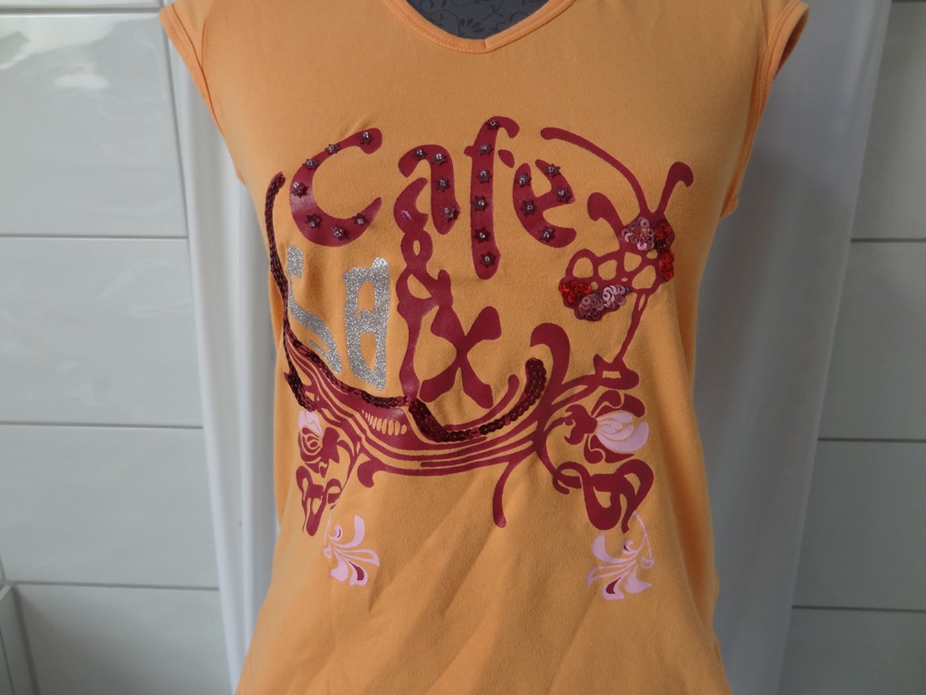 Orangenes T-Shirt mit Pailletten und Glitzer Gr M 152/158