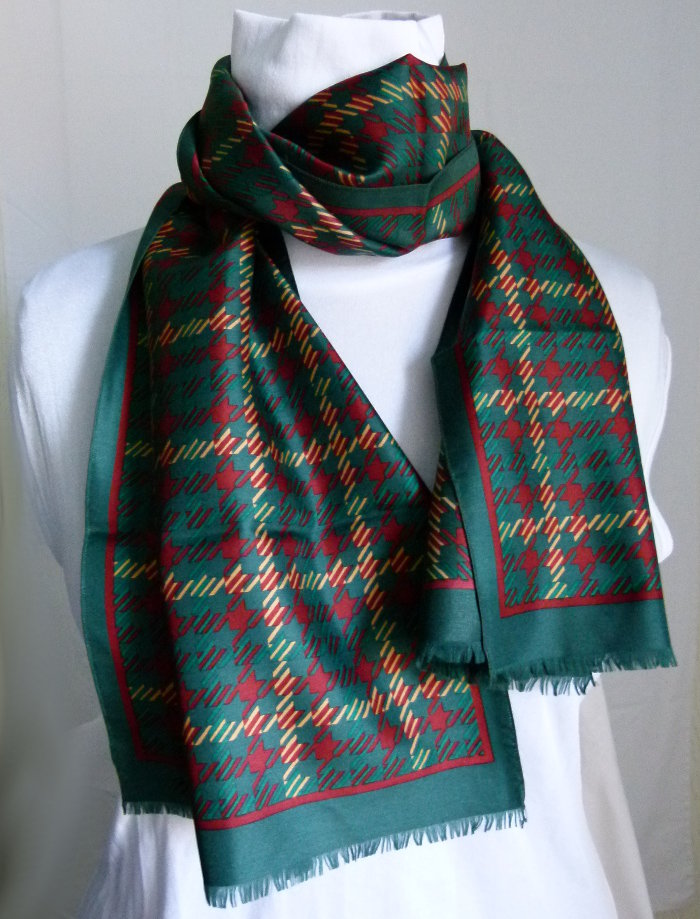 Halstuch Dünner Schal, Hahnentritt-Muster, dunkelgrün braun, Boho Retro Vintage Mori