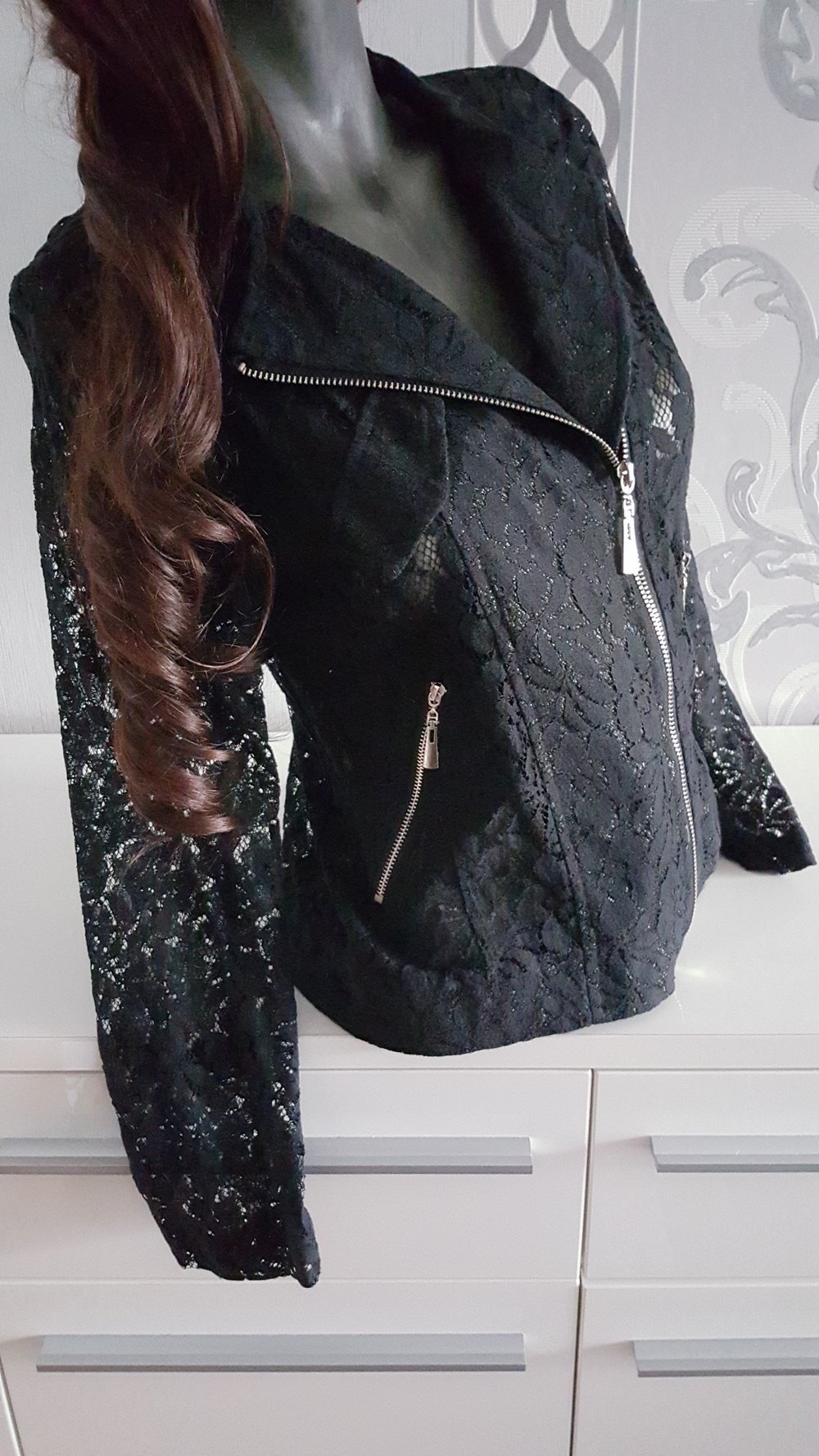 Spitzen Jacke Jäckchen Schwarz Biker Look silber Reißverschluss XL auch L 40 42