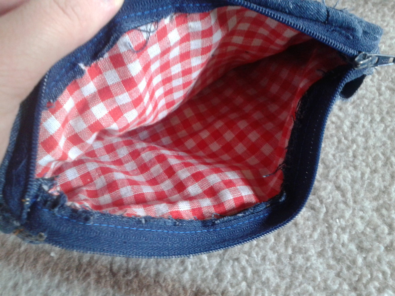 Kosmetiktäschchen, DIY, Jeans, rot kariert, weiß, selbstgenäht, selbstgemacht
