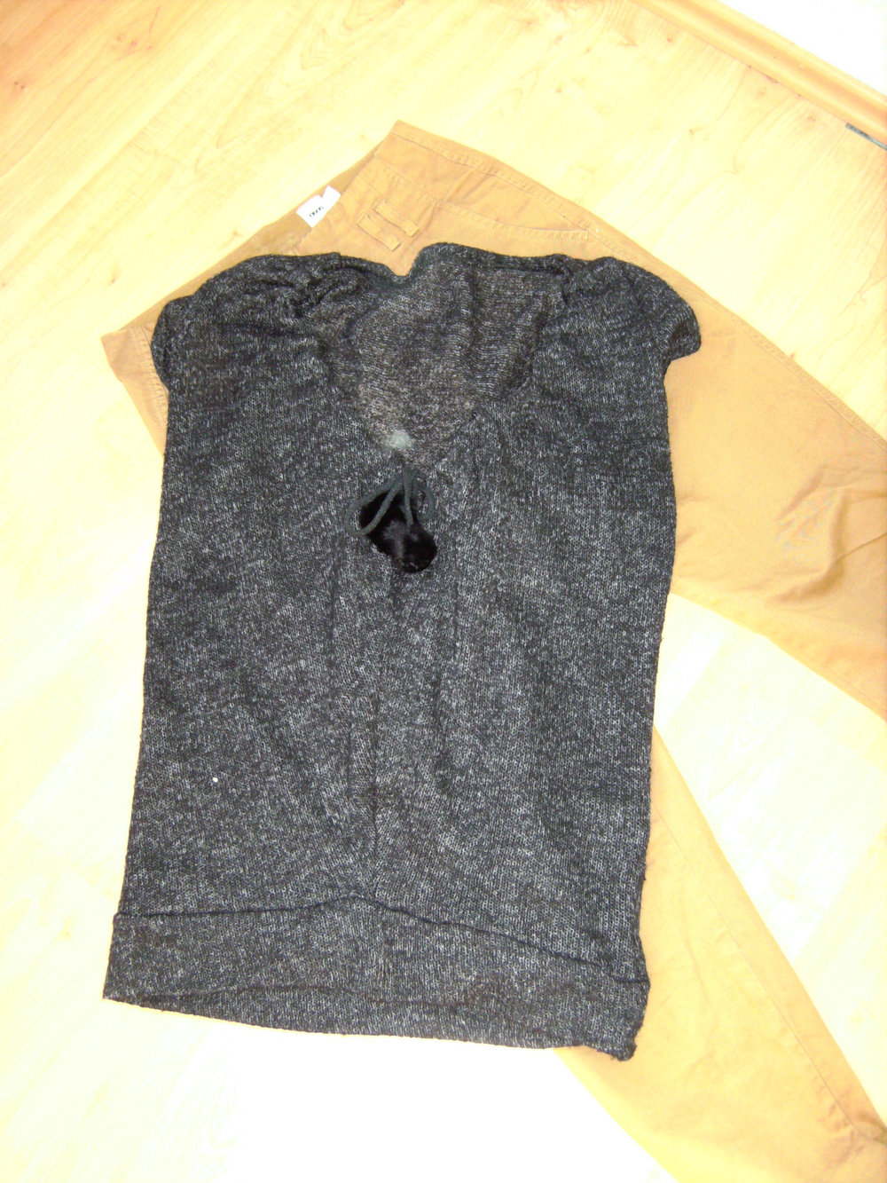 Baumwolle, Strick mit Kordelzug, L, Off Shoulder, Kurzarm, Oberteil wandelbar Naturfaser Feinstrick Anthrazit, Pullunder Tunnelzug verstellbar