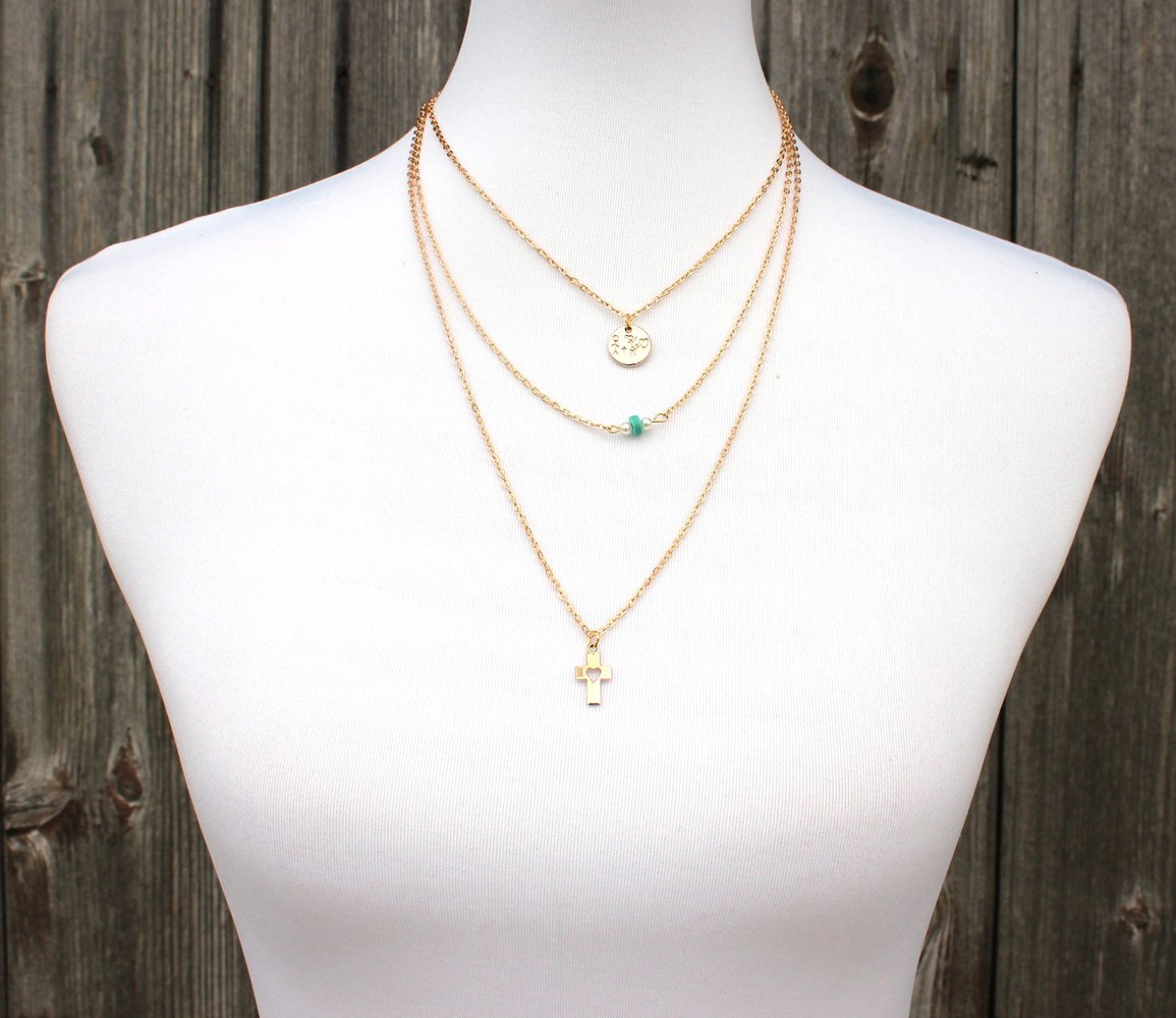 mehrreihige filigrane Kette in gold (Liebe, Perlen, Kreuz)