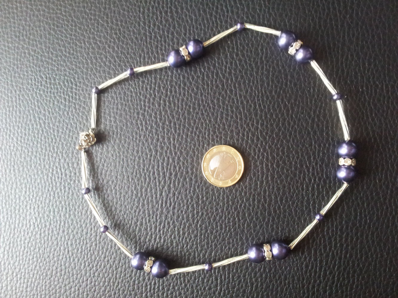 Modeschmuck Kette Perlen silber blassblau Strass Neu 