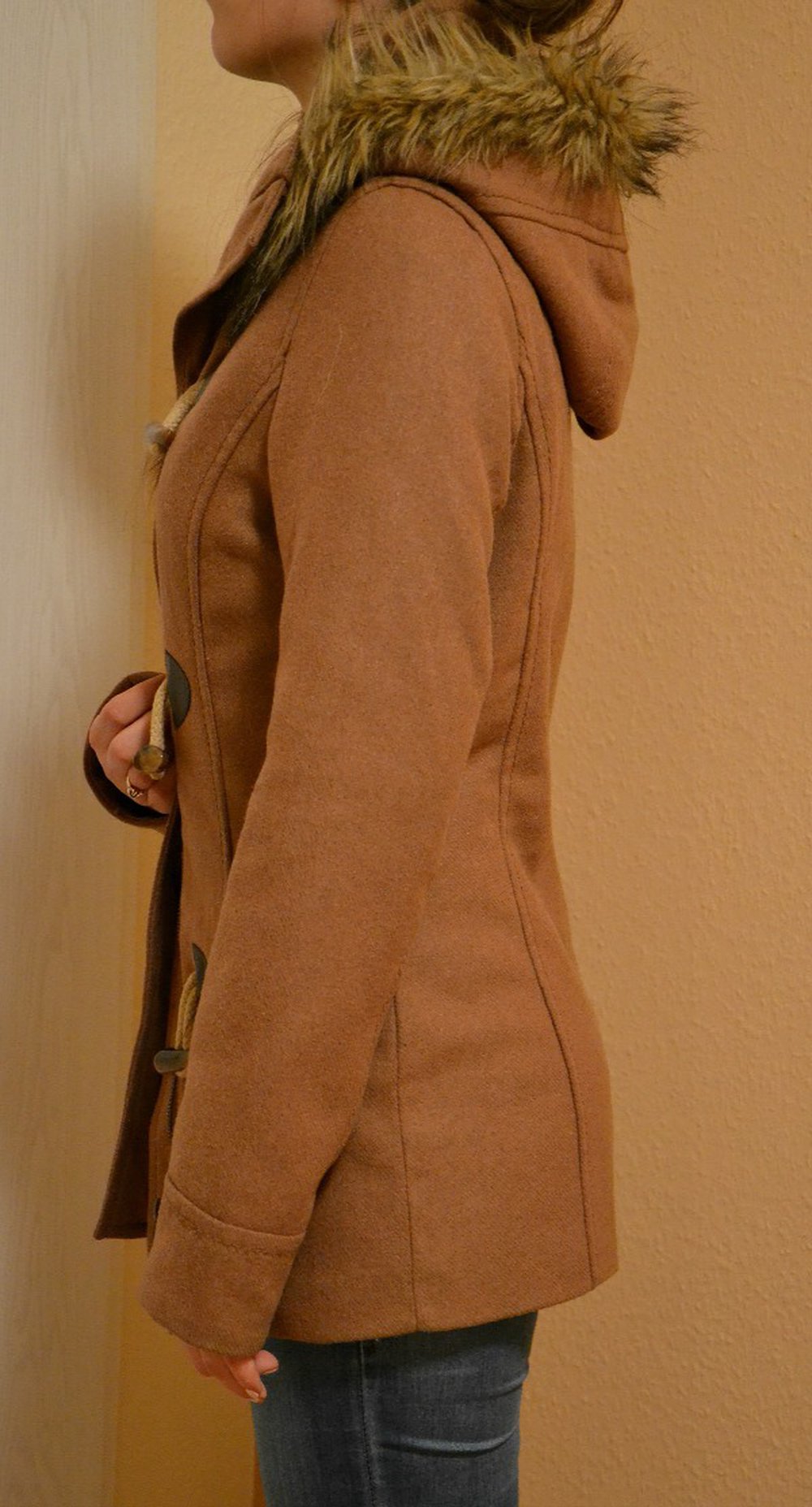 Schöner beiger brauner Dufflecoat Mantel Übergangsjacke H&M 34 XS mit Fellkapuze cognac
