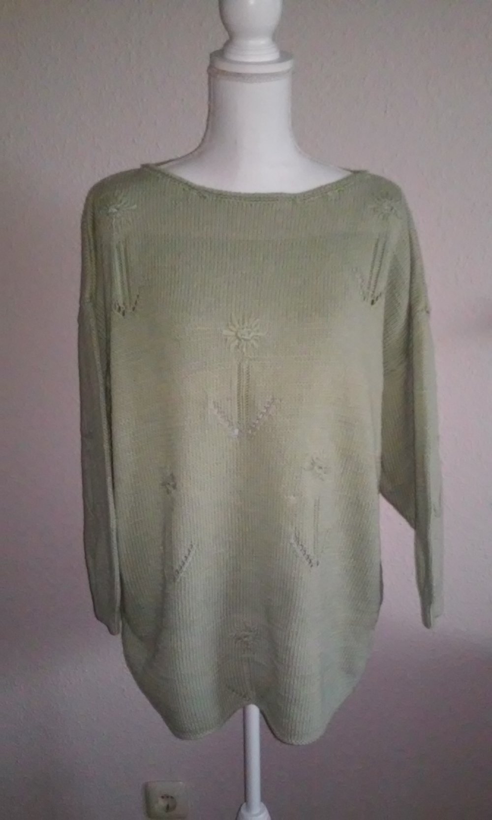 Handarbeit Pulli Baumwollpulli Strickpullover Pullover handgestrickt Gr.38/40 grau/grün
