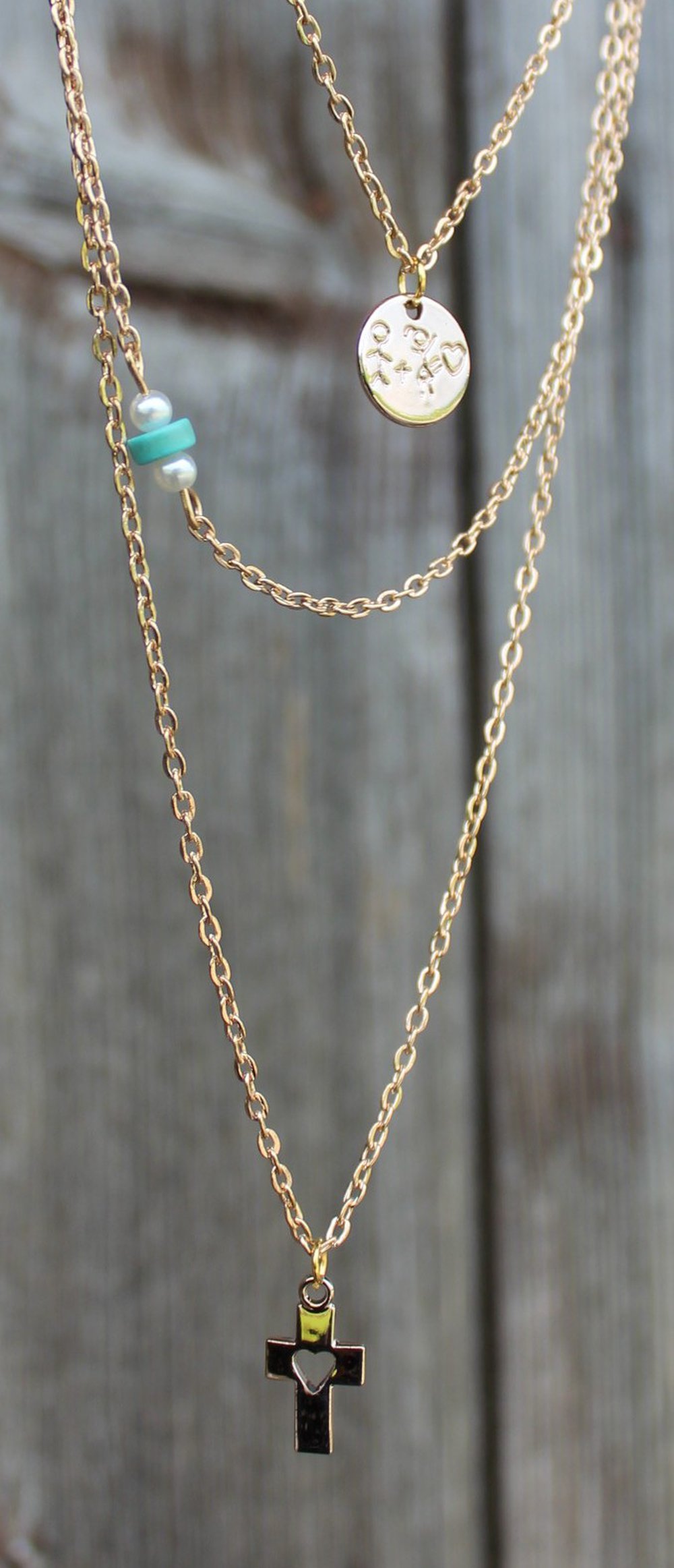 mehrreihige filigrane Kette in gold (Liebe, Perlen, Kreuz)