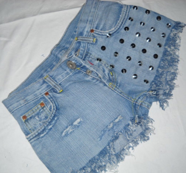 Reeplay Stachelnieten Nieten Hot Pants Shorts Studs kurze Hose blau Jeans 34 36 XS S M destroyed