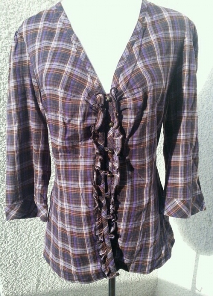s.Oliver Bluse 3/4 Ärmel mit Rüschen lila/orange/weiß kariert Hippie-Style