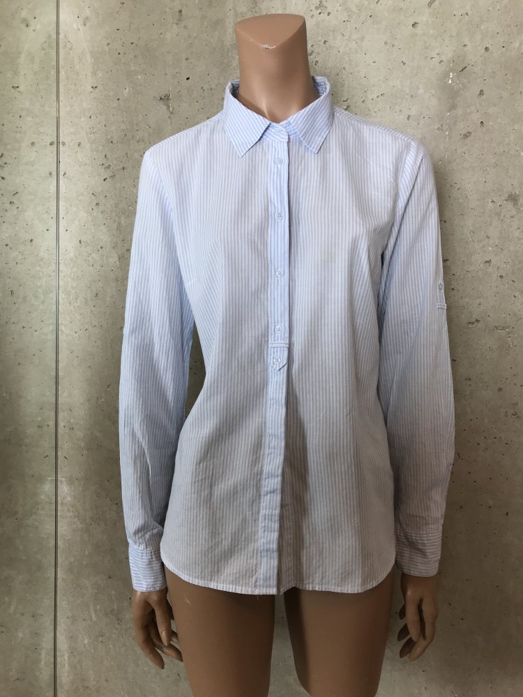 Damen Bluse Shirt aus reiner Baumwolle mit himmelblauen Streifen, klassischer Hemd Kragen, vorderer Knopfverschluss und lange Ärmel mit zwei Manschettenknopfen