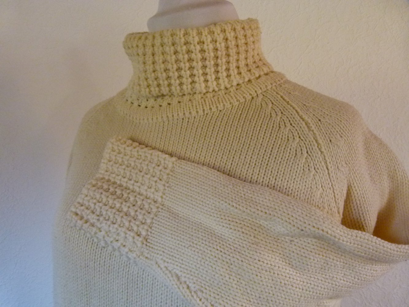 Strick Pulli Rollkragen Pullover, creme weiß, Boho Mori Winter Knitwear Lagenlook Raglan Goa