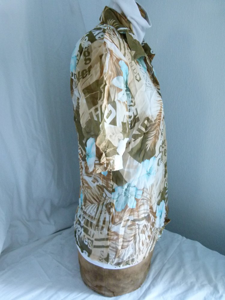Sommer Bluse, Kurzarm, braun khaki hellblau gemustert, transparent, Boho Mori Goa Festival Strand Lagenlook