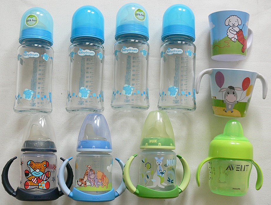 Fläschchen / Babyfläschchen aus Glas + Trinklernbecher + Wärmer