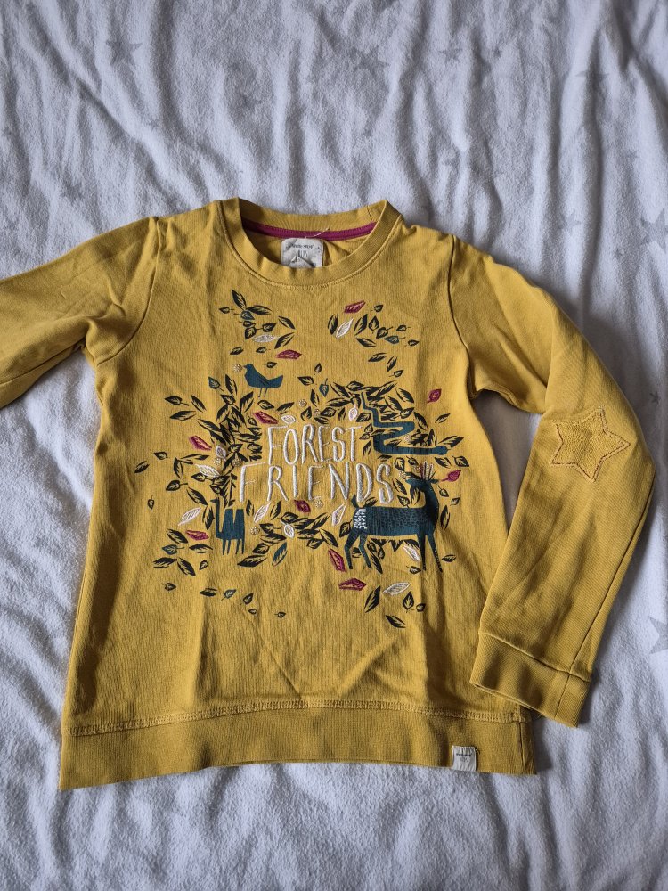 White Stuff: senfgelber Pullover mit Naturmotiven Gr. 134/140