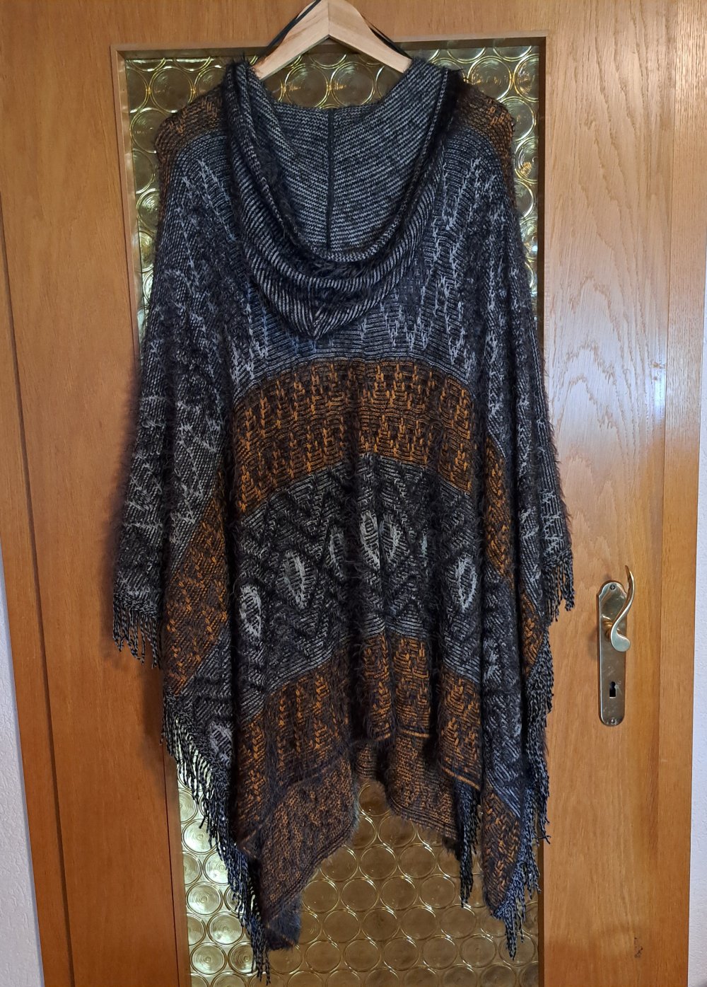 ULLA POPKEN Fransen-Cape ÜBERWURF Poncho multicolor, mit Kapuze, LAGENLOOK * NEU