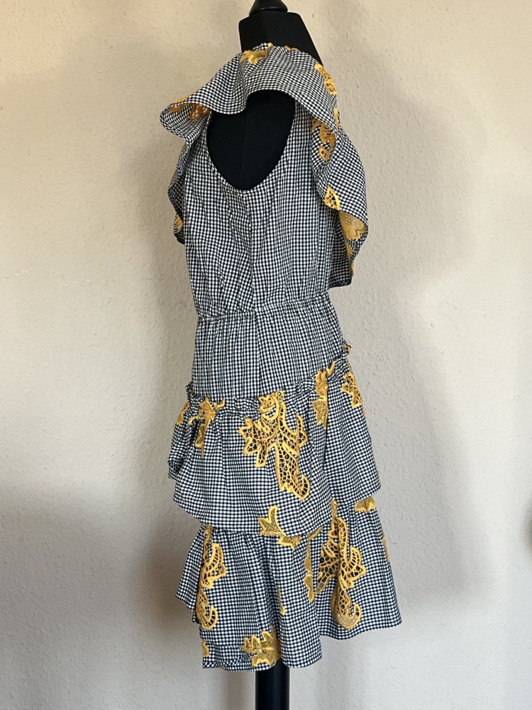 Sandro Paris One Shoulder Sommer Kleid Gr.S mit goldgelben Stickereien 