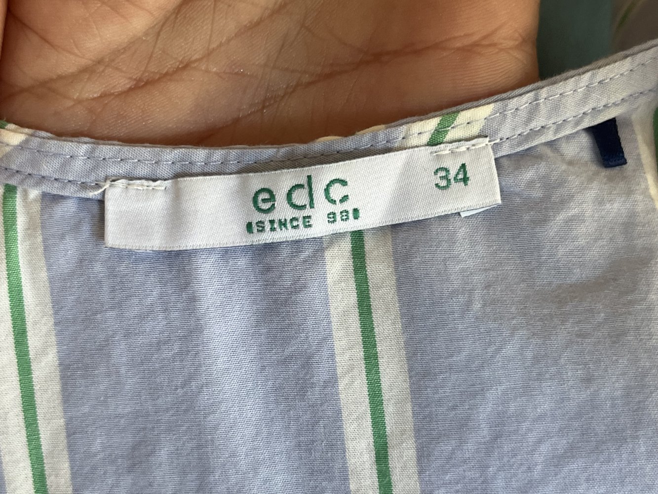 Edc Sommerkleid gestreift mit Wickel Optik Gr.34 hellblau mit grünen Streifen