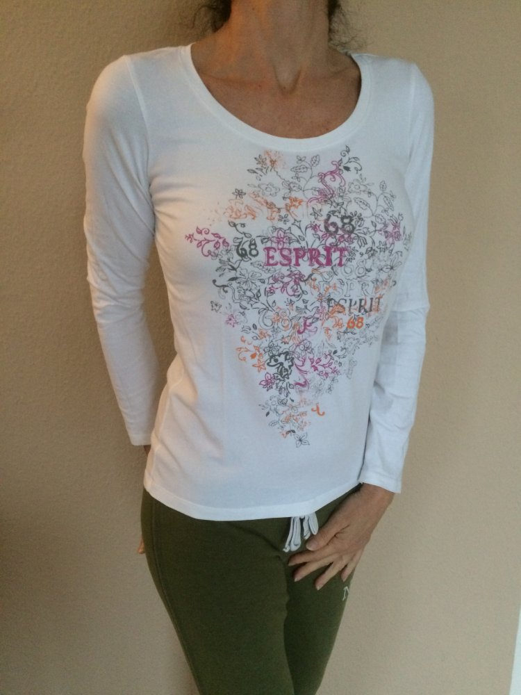 2 Esprit Shirts Gr.M weiß mit Blumenmotive Langarm und Schulterfrei