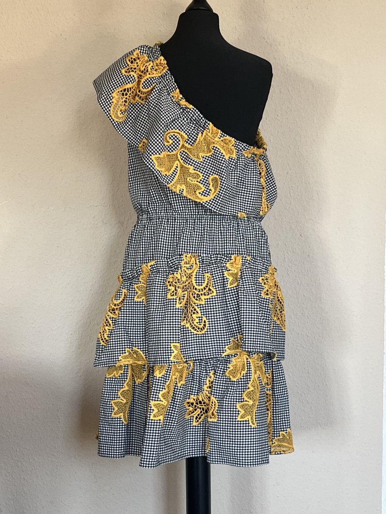 Sandro Paris One Shoulder Sommer Kleid Gr.S mit goldgelben Stickereien 