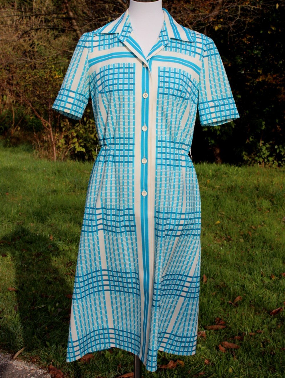 weiß hellblaues True Vintage Kleid mit Streifenmuster, ca. Größe 38, Ara Modell, Sommerkleid, 1970er