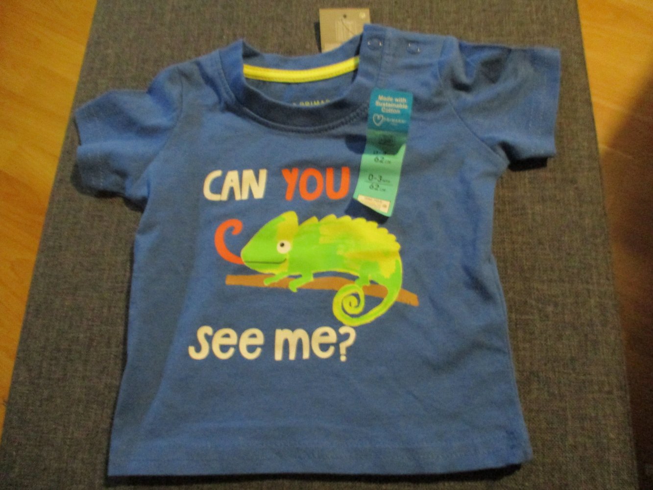 neu, t-shirt, gr. 62, blau, druck, spruch, drückknöpfe