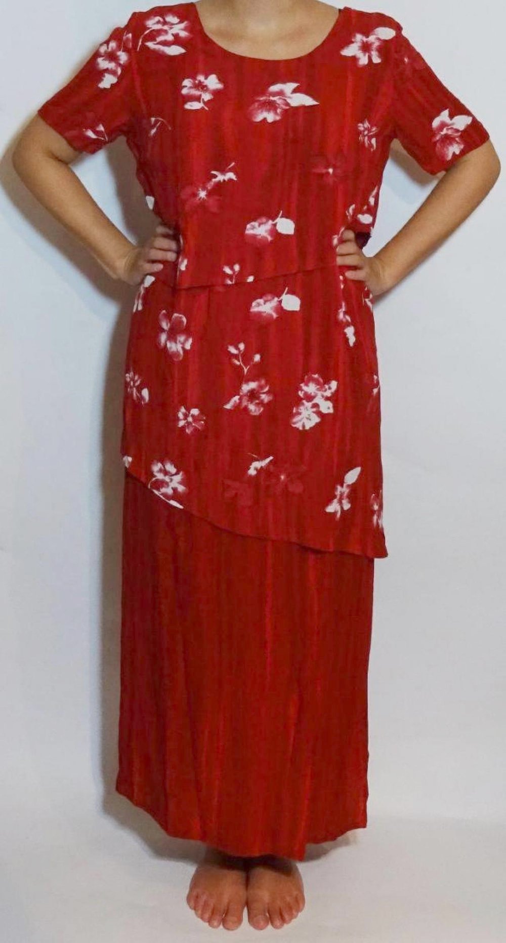 Langes rotes Kleid Stufenkleid 90er Jahre Vintage Floral Blumen Maxikleid Gr. 42 Gr. M