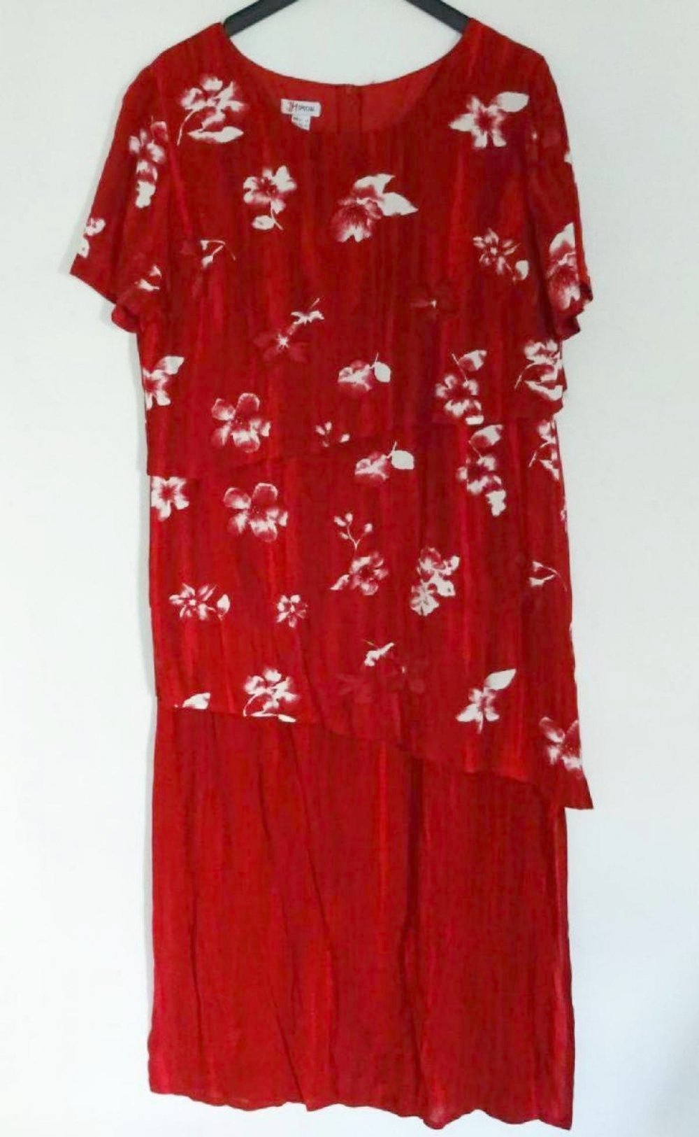 Langes rotes Kleid Stufenkleid 90er Jahre Vintage Floral Blumen Maxikleid Gr. 42 Gr. M