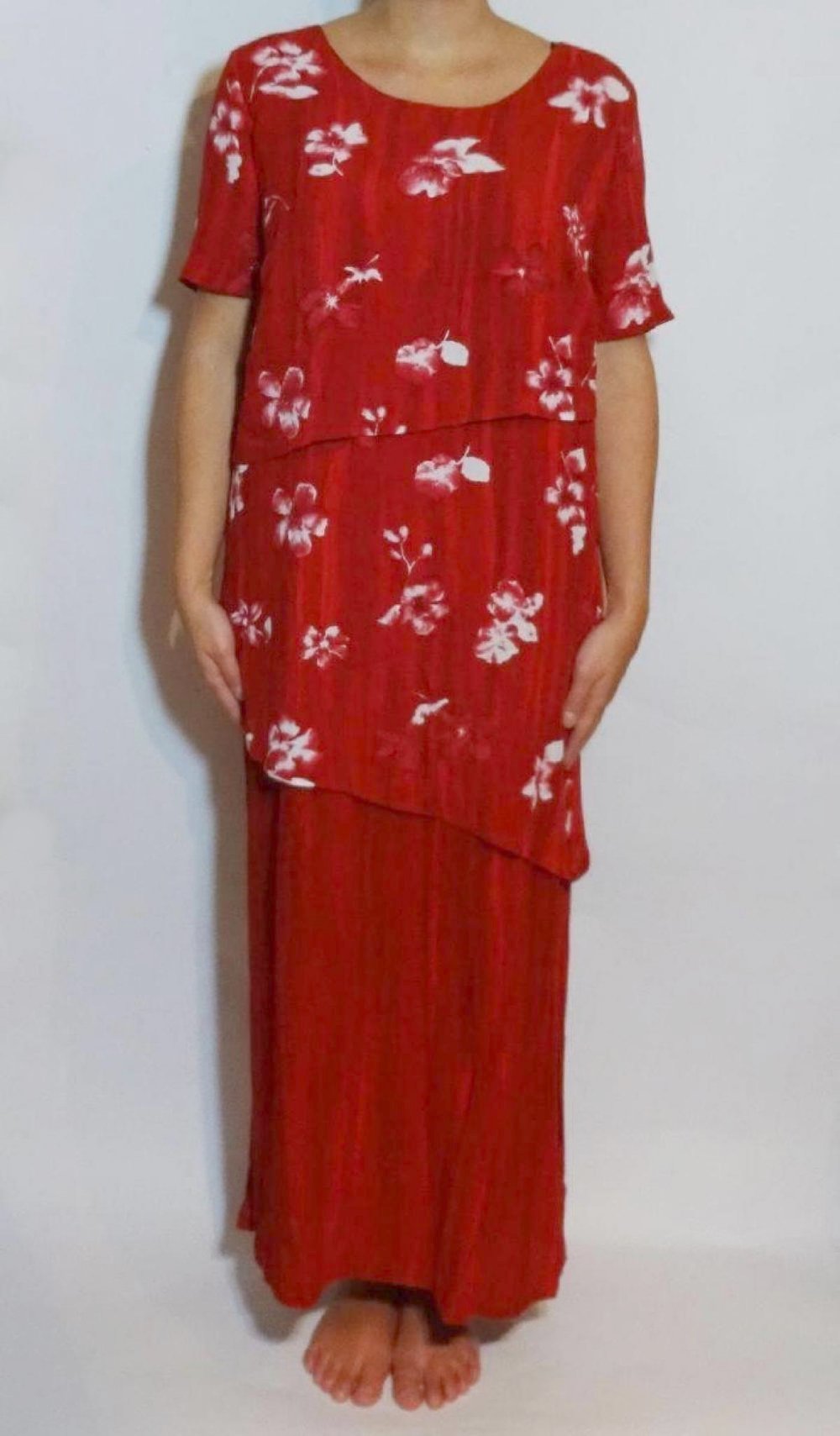 Langes rotes Kleid Stufenkleid 90er Jahre Vintage Floral Blumen Maxikleid Gr. 42 Gr. M