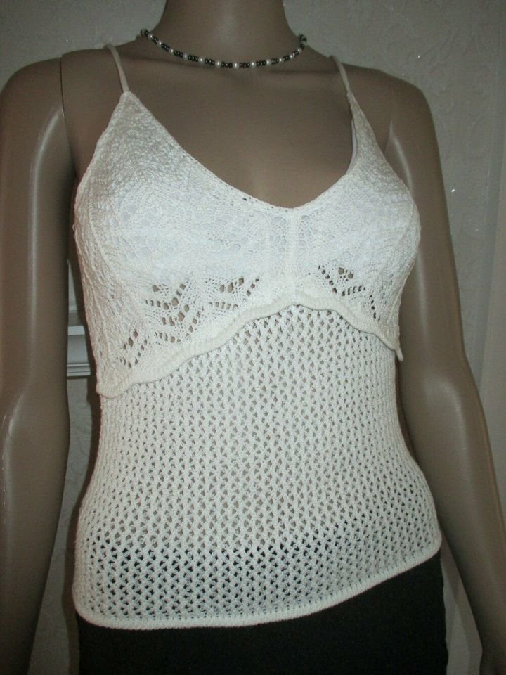 NEU * DESIGNER * Off Shoulder * Bodycon * Strech * Häckel * Grobstrick * Spaghetti- Träger * Corp Top * Pullover * Gr. 34- 36/ XS- S * weiß *