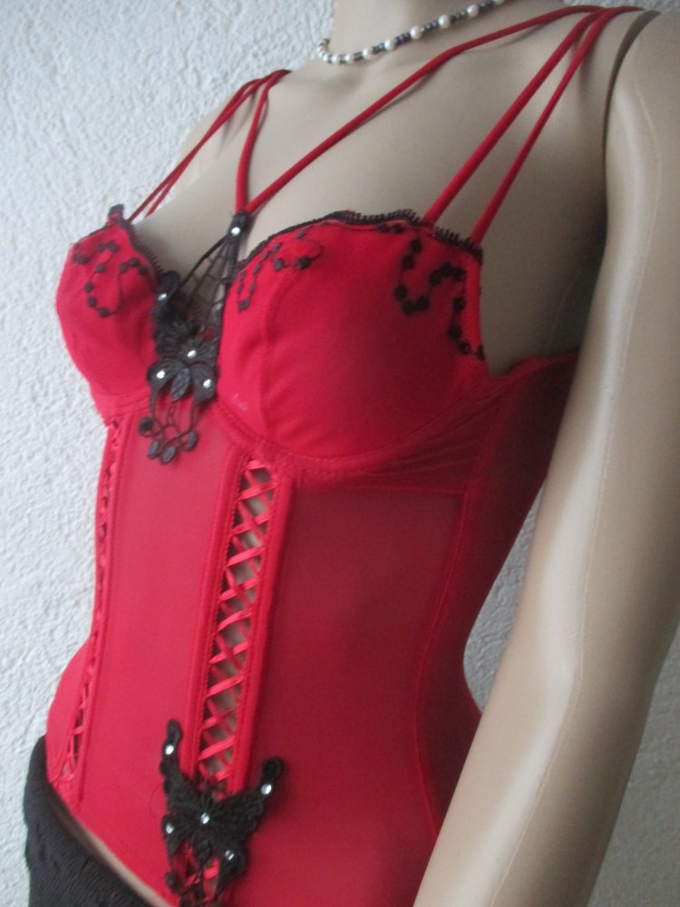 NEU mit ETIKETT * Swarovski * Strass- Kristalle * Schmetterling * Butterfly * Applikationen * Mesh * Träger * Bügel- Bustier * Mieder * Corsage * Korsett * Gr. 34- 36/ XS- S * 70A * rot * schwarz *