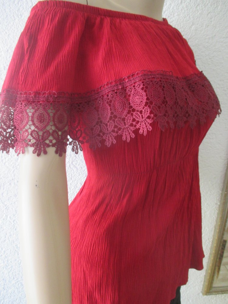 NEU * DESIGNER * Blumen * Blüten * Flower * Lace- Spitze * Crinkel * Knitter * Off Shoulder * Carmen * Bluse * Tunika * Gr. 34, 36- 38/ XS- S * dunkel- wein- bordeaux- rot *