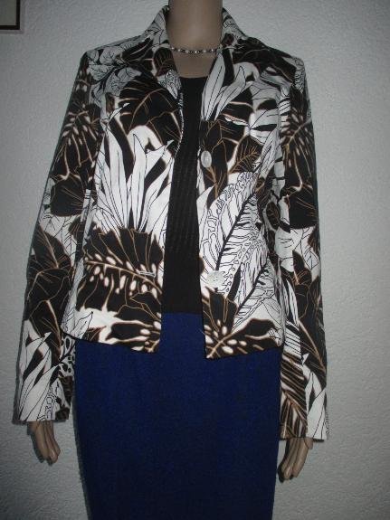 NEUw * Ausgefallen * edel * Blumen * Blüten * Flower- Power * DESIGNER * Baumwolle * Kostüm * Anzug * Kurz- BLAZER * Gr. 36- 38/ S * schwarz * weiß * hell- braun *