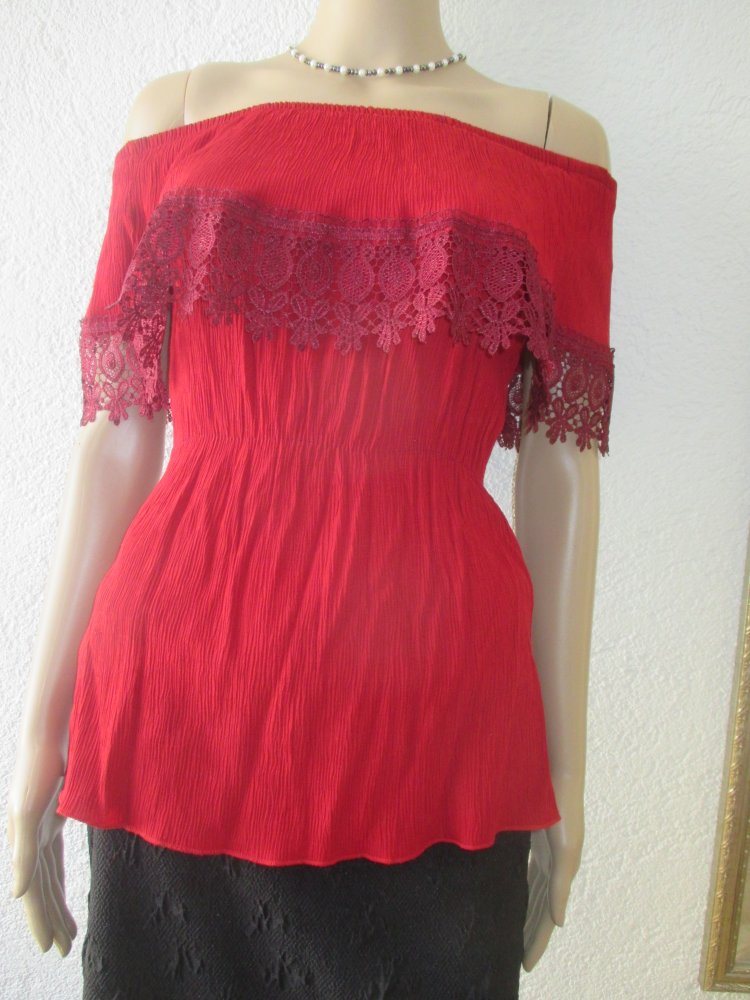 NEU * DESIGNER * Blumen * Blüten * Flower * Lace- Spitze * Crinkel * Knitter * Off Shoulder * Carmen * Bluse * Tunika * Gr. 34, 36- 38/ XS- S * dunkel- wein- bordeaux- rot *