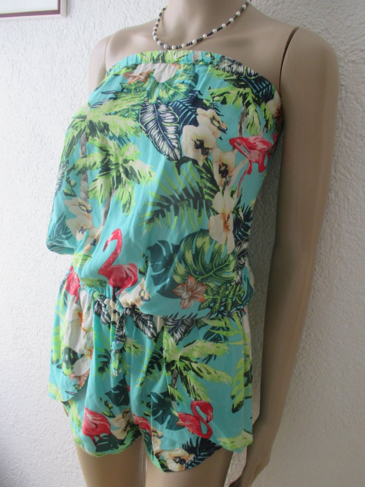 NEU * Hawai * Blumen * Blüten * Flower * Flamingos * Kurz * Short * Off Shoulder * Schulterfrei * Carmen * Bustier * Einteiler * Anzug * Overall * Jumpsuit * Gr. 36- 38/ S * smaragd- grün * bunt *