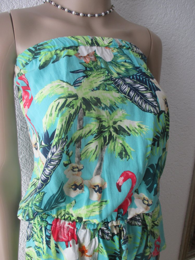 NEU * Hawai * Blumen * Blüten * Flower * Flamingos * Kurz * Short * Off Shoulder * Schulterfrei * Carmen * Bustier * Einteiler * Anzug * Overall * Jumpsuit * Gr. 36- 38/ S * smaragd- grün * bunt *